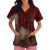 Womens Halloween Print V Neck Scrub Top Short Sleeve Medical Uniform Shirt with Pocket Comfortable Fit Lightweight Fabric