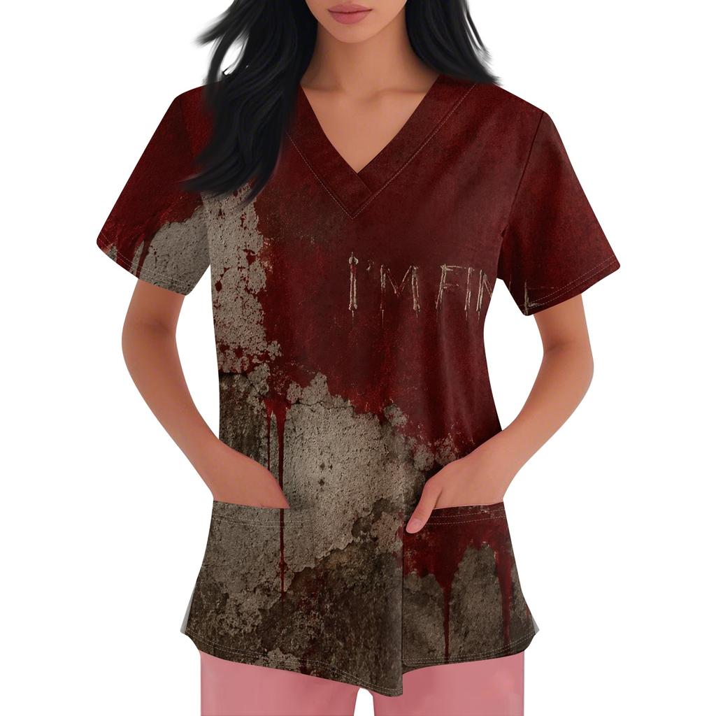 Womens Halloween Print V Neck Scrub Top Short Sleeve Medical Uniform Shirt with Pocket Comfortable Fit Lightweight Fabric