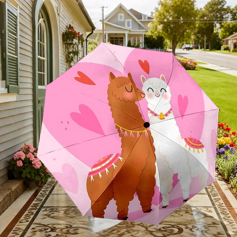 1pc Alpaca Love Automatic Folding Umbrella 8 Rib Iron Frame, Compact Portable Umbrella Suitable for Travel, Daily Use, Birthday, Women & Men Gift 006