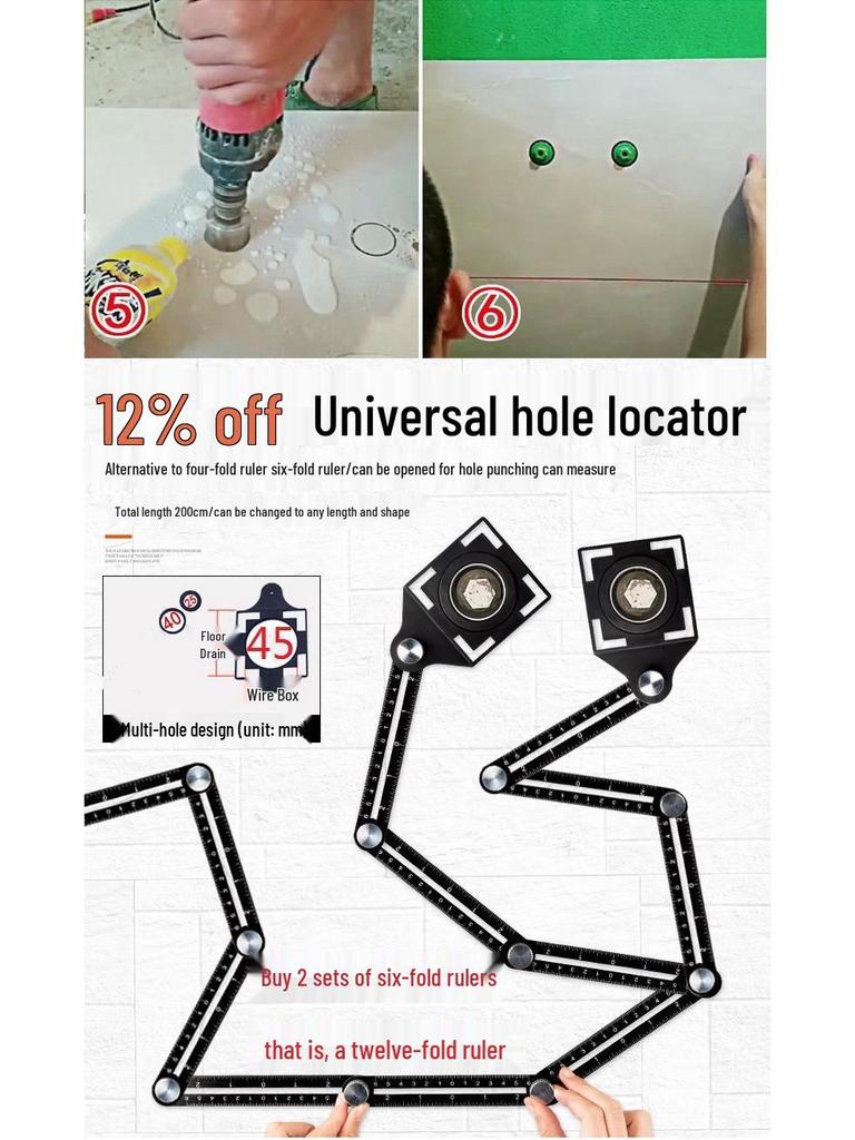 Universal Precision Tile Hole Opener & Multi-Purpose Six-Fold Ruler
