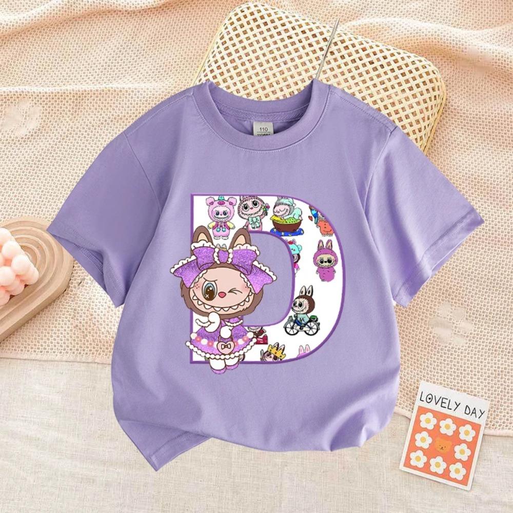 

Милая футболка с принтом букв Labubued, хлопок, лето, уличная одежда, короткий рукав, одежда для девочек, топ, мультяшная детская одежда, для малышей 140