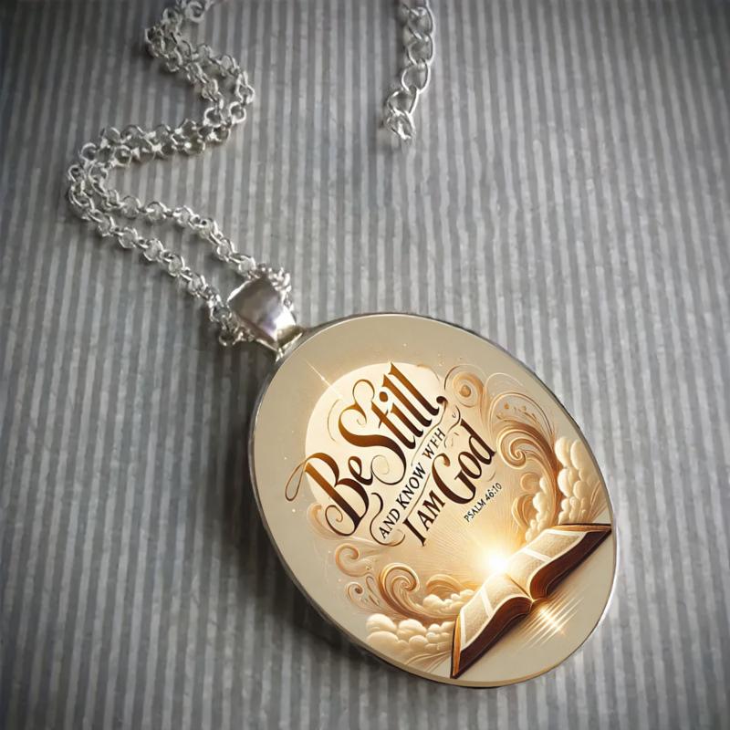 A Christian women's Bible verse religious pendant necklace, time gem glass pendant stainless steel necklace for men and women