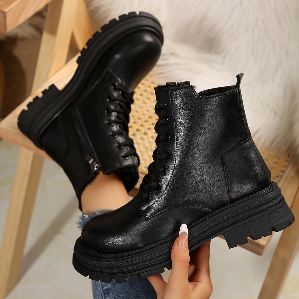 

Pu Leather Warm Motorcycle Boots Women Lace-Up Plush Winter Ankle Boots Woman Balck Beige Flat Heel Non-Slip Cotton Botas Mujer 42