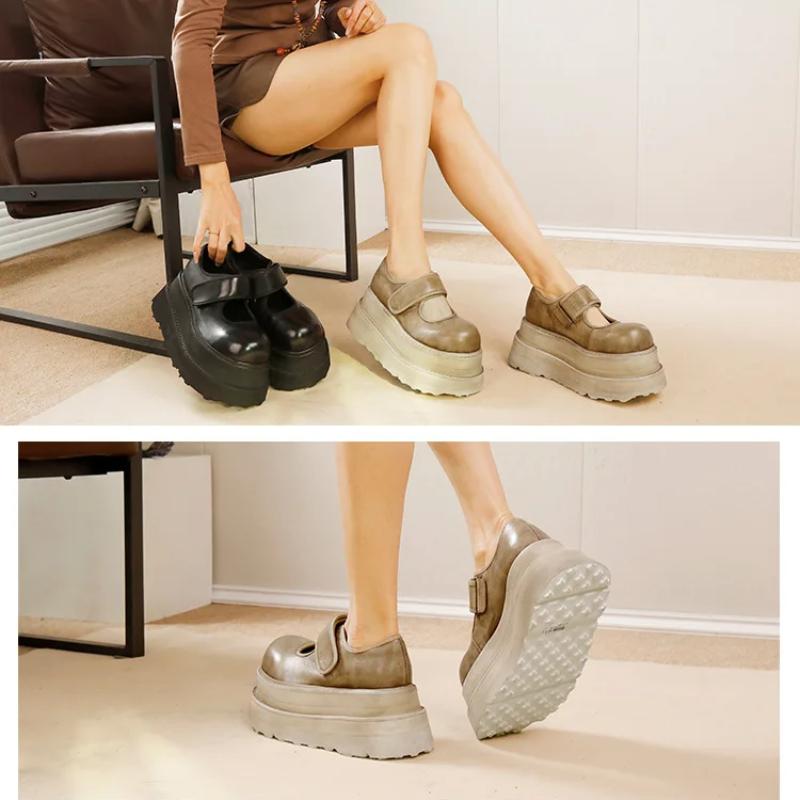 Johnature Natūralios odos 7 cm storio padais bateliai. Vintažiniai universalūs moteriški plokščiapadžiai bateliai su platforma.