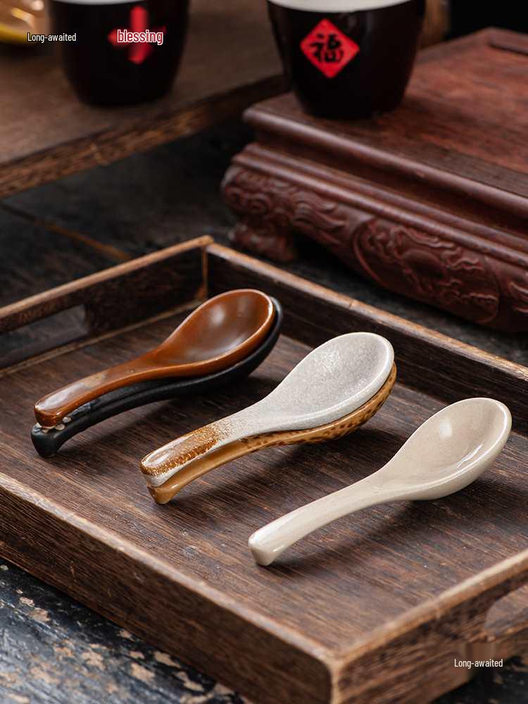 Japanese Porcelain Long Handle Soup Spoons - 10-Pack Single Black Gold Spoon