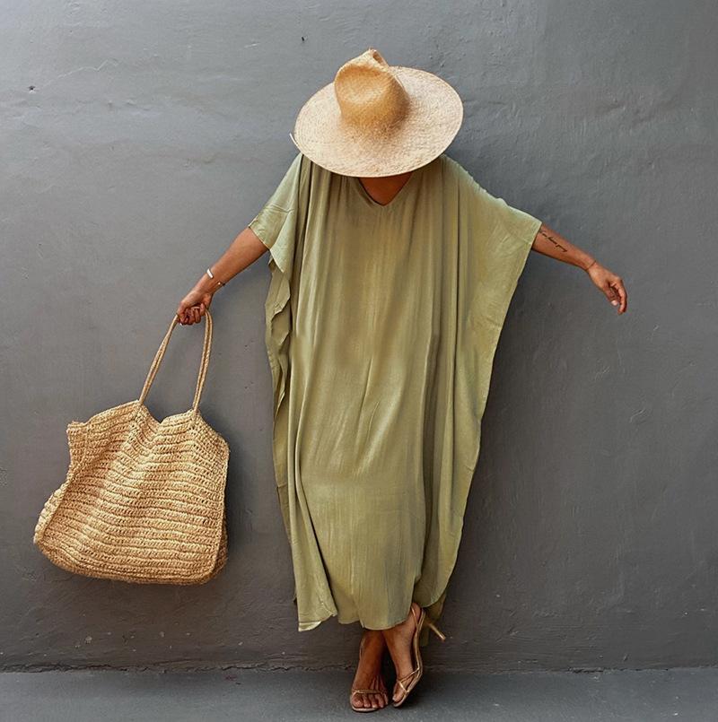 Solid Color Loose Rayon Beach Cover-up Robe - Swimsuit Sunscreen Shirt