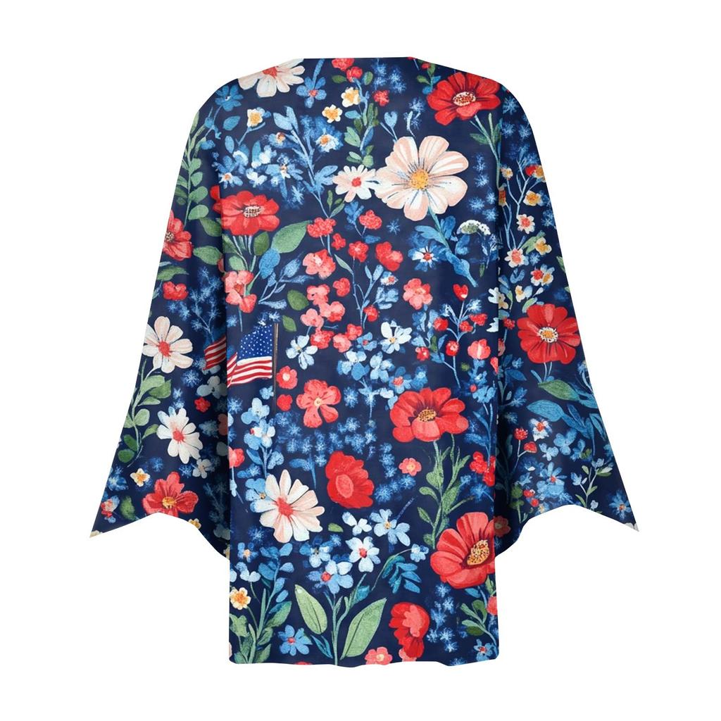Women's Loose Casual Independence Day Printed Seven Sleeve Button Down Shirt Cardigan Top