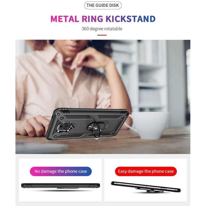 Coque de protection - Redmi - Note 9S - Verre trempé - Anneau support métal - Noir