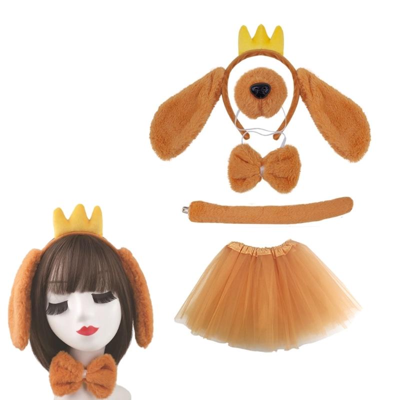 Dogs Ears Headband Dog Hair Hoop Set Plush Tail Bowtie Dog False Nose Brown Mesh Skirt Animal Dress Up Set