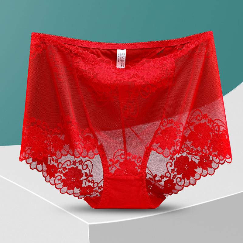Plus Size Lady Summer Sexy Lace Hollow Out Perspective High Waist Triangle Briefs