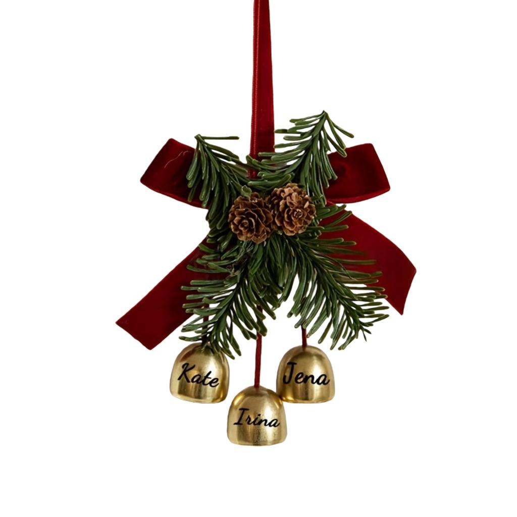 Ornaments, Small Bells, Velvet Bows, Christmas Trees, Cones, Scene Decorations, Small Hanging Ornaments.