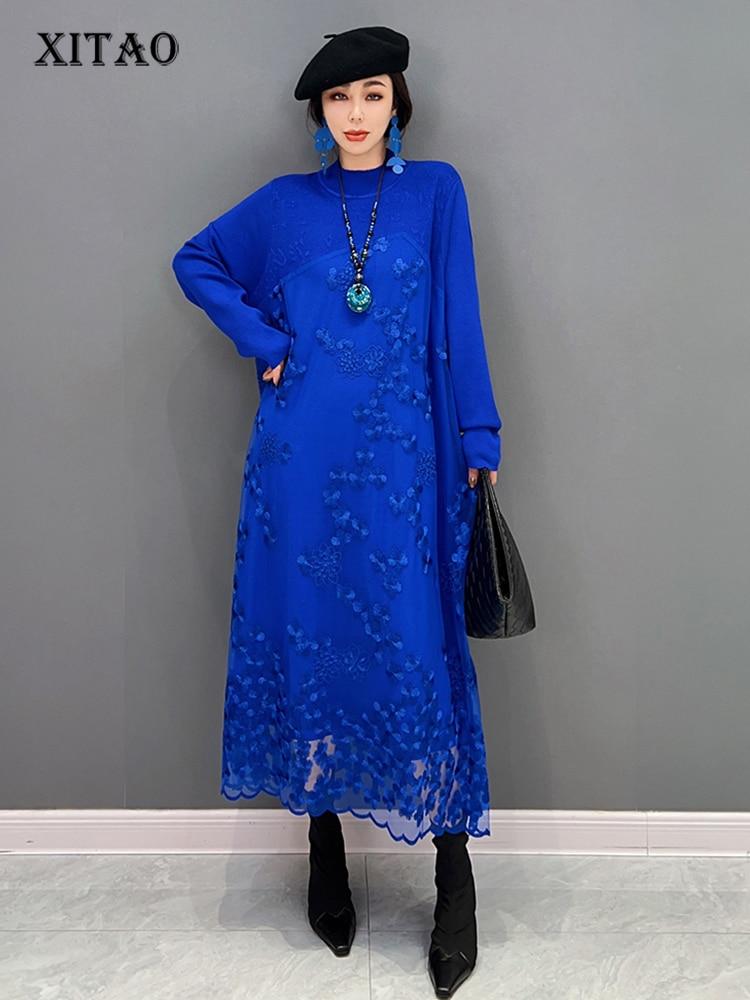 

XITAO Твердое повседневное трикотажное платье Свободное платье с длинными рукавами SMH1076 One Size синий