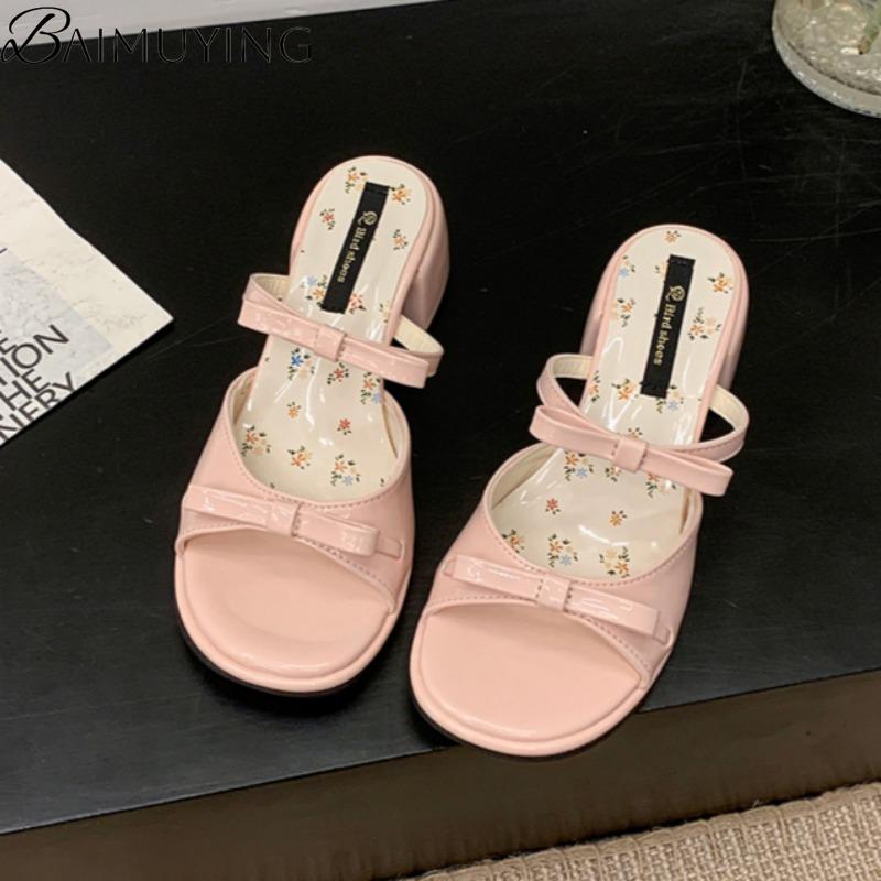 Fashion Women Slippers Bow Sandals Square Toe High Heels Shoes Woman Summer 2025 Trend Elegant Dress Pumps Open Toe Sandalias De Mujer