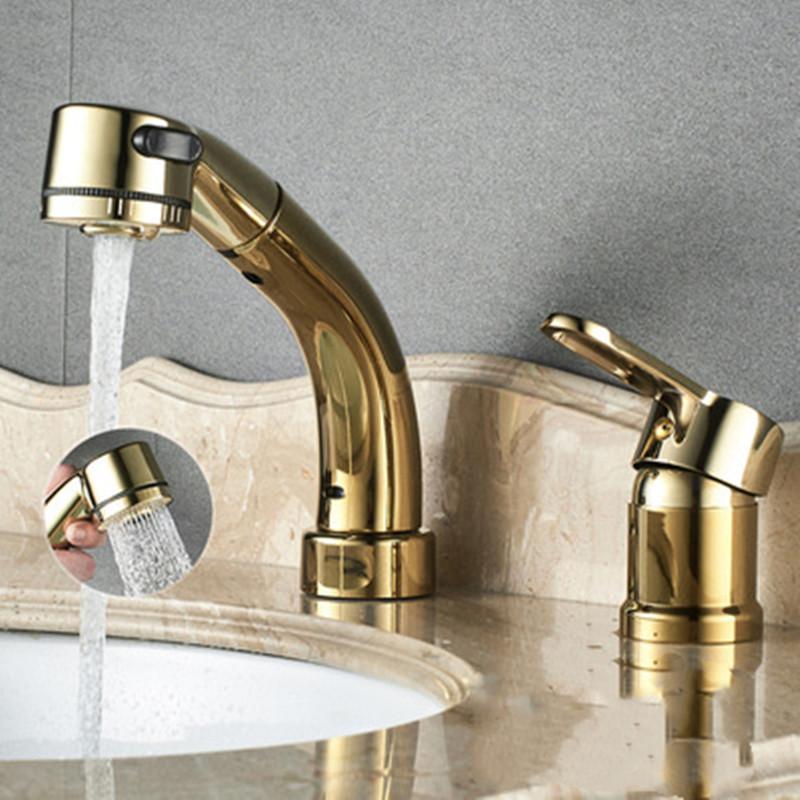 All-Copper Body Split Lift Pull Faucet Rotatable Cold Double Hole Three Hole Basin Hot Water Mixing Valve Washbasin