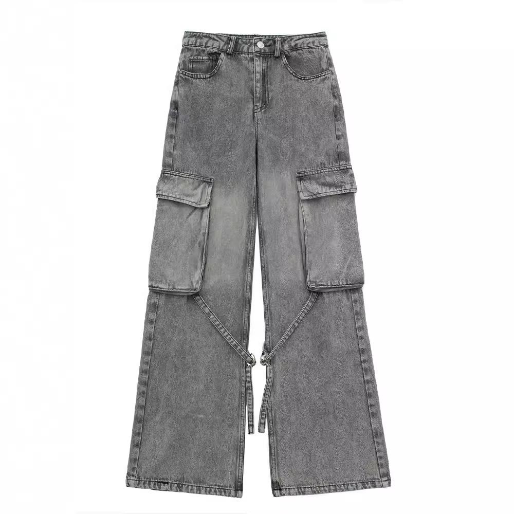 

Шикарные уличные джинсы женские прямые брюки модные карманы Y2K Spice Cool Girl свободные спортивные брюки-карго на молнии L серый