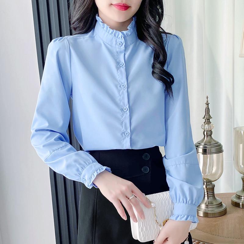 Women's 2024 French Stand-Up Collar Ruffled Long-Sleeve Shirt