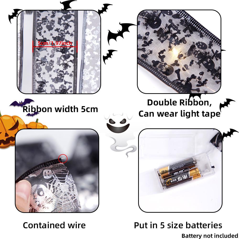 Elegant Led Light String With Double Layer Mesh Ribbon For Halloween Party Decor