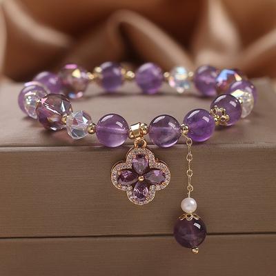 Fashion Purple Crystals Beaded Bracelets for Women Round Beads Purple  Four-leaf Clover Drop Bracelet Lucky Stretch Hand Chain Jewelry for Wedding
