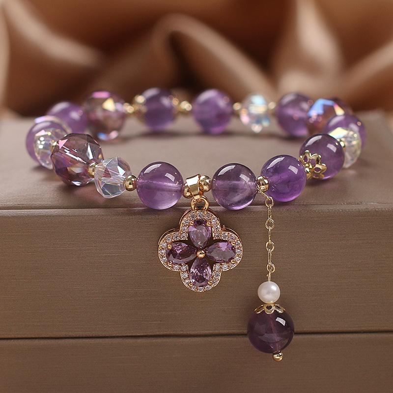 Fashion Purple Crystals Beaded Bracelets for Women Round Beads Purple Four-leaf Clover Drop Bracelet Lucky Stretch Hand Chain Jewelry for Wedding