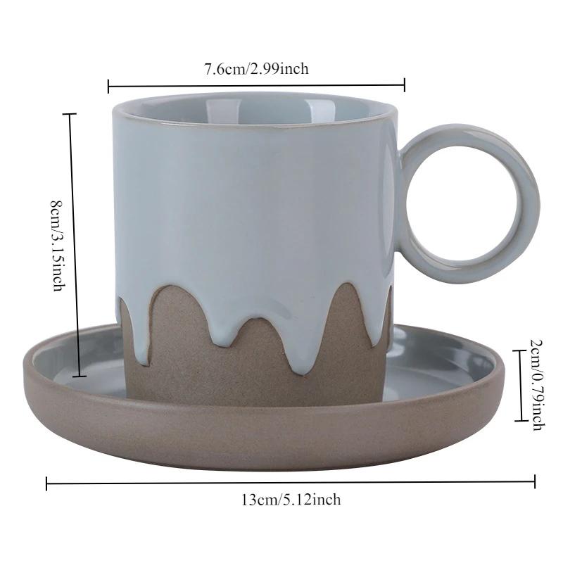 Creative Vintage Style Coarse Pottery Coffee Cup and Saucer Set with Flowing Glaze Finish for Latte Art Home Decor Use Gift Box