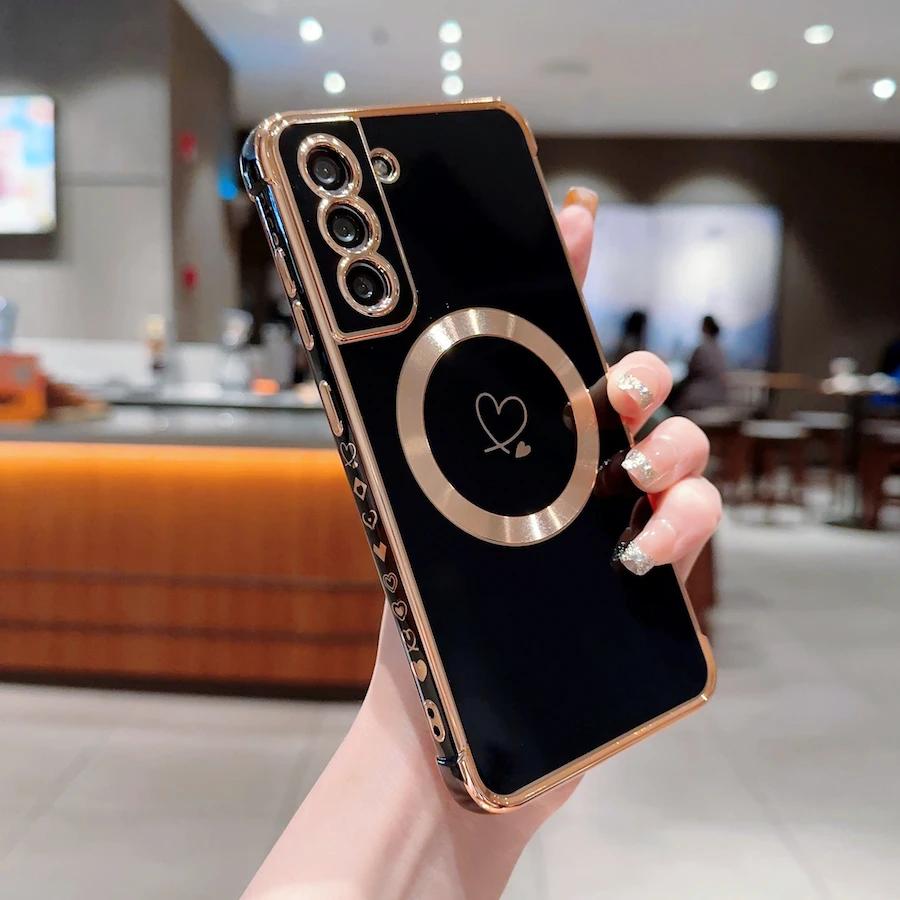 For Magsafe Case for Samsung Galaxy S23 Ultra S22 S21 Plus S24 Ultra S22Plus S20 S21 FE Electroplate Love Pattern Protect Covers