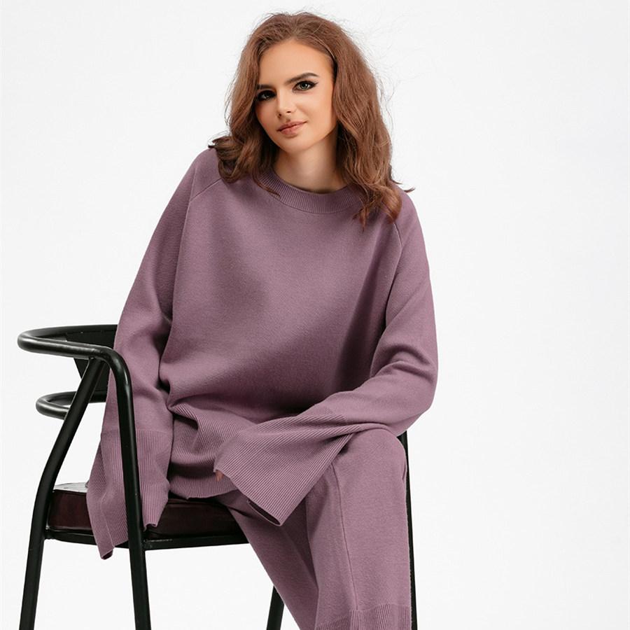 Loose Knit Sweater Suit Autumn Winter Women Horn Sleeve Round Collar Slit Two Piece Sets