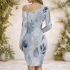 Women Plus Size Cold Shoulder Chain Strap Long Sleeve Printed Asymmetric Hem Bodycon Dress