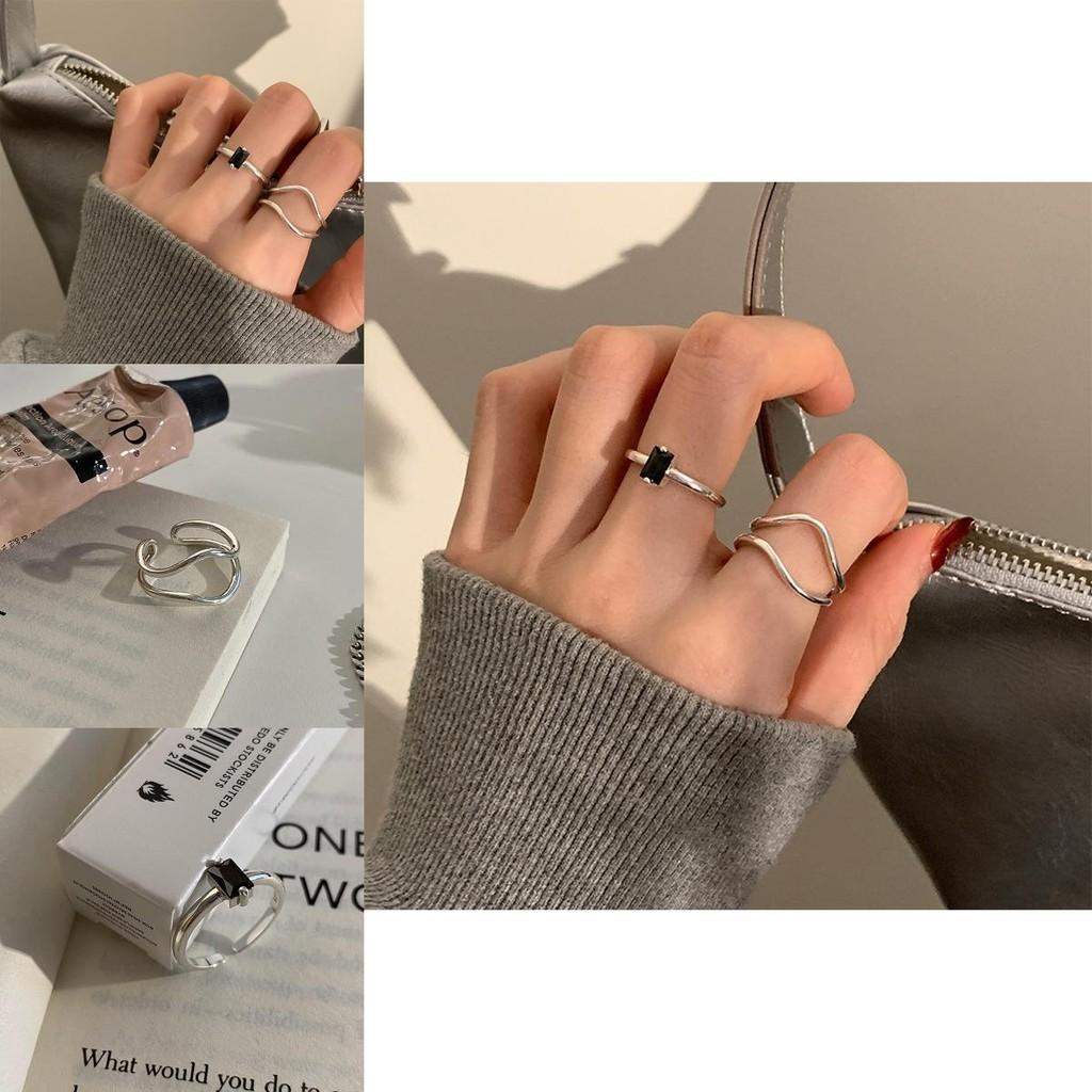 Trendy Black Zircon Wave Ring For Women Stylish Adjustable Copper Geometric Design