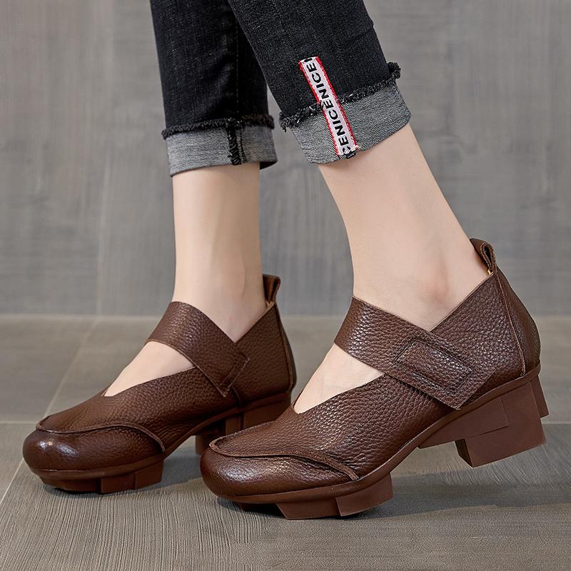 Fashion GKTINOO Retro Thick Heel Women Shoes Hook Loop Mary Jane Loafers Luxury 5 Cm Pumps Genuine Leather Sewn Square Heel Single Shoes