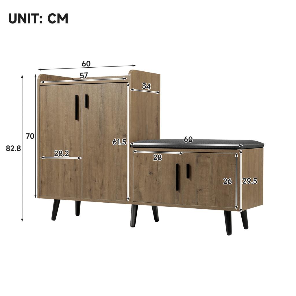 Modern Shoe Bench with Wood Grain, Shoe Cabinet, Four Storage Doors, Asymmetrical Metal Handles, W120/D34/H82.8 CM (OLD SKU: N657P242917N)