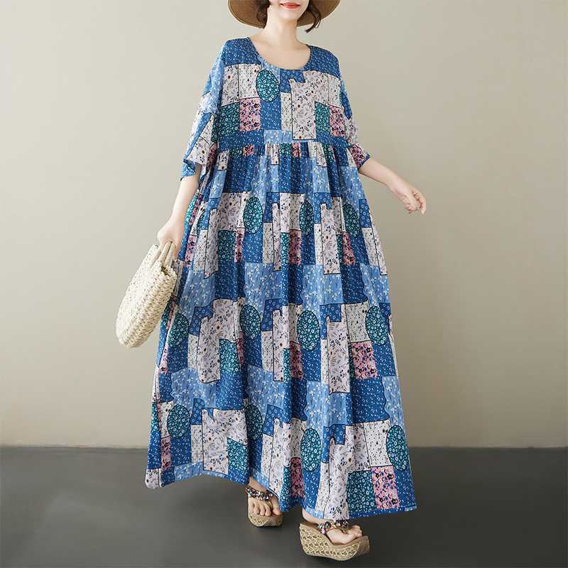 Round Neck Short Sleeved Artistic Retro Casual Loose Women's Dress