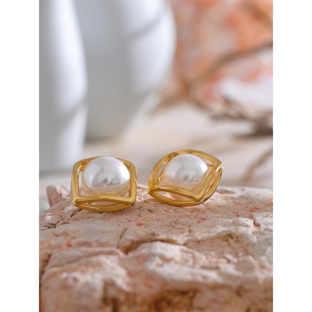 Yhpup 7g/pair Stylish Simulated Pearl Round Square Hollow Stud Earrings Korean Style Stainless Steel Daily Jewelry Gift