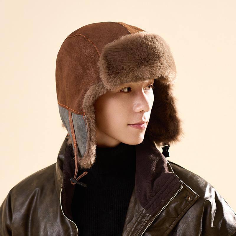 Lei Feng Hat for Men and Women Outdoor Riding Ski Pilot Plus Velvet Thickened Hat Winter PU Leather Anti Cold Ear Protection Hat