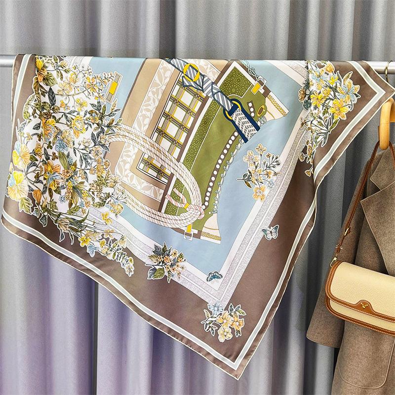 Large Square Scarf Printed Silk Scarf Women'S Spring And Autumn Shawl Yarn Flower Leaf Headscarf Twill Silk Scarf Headscarf