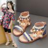 Kids Beach Shoes Non-slip Soft Sole Girls Roman Sandals Ethnic Style Bohemia 2025 New Fashion Children Princess Shoes Back Zip