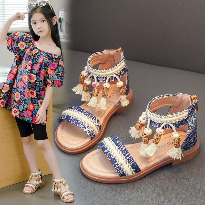 Kids Beach Shoes Non-slip Soft Sole Girls Roman Sandals Ethnic Style Bohemia 2025 New Fashion Children Princess Shoes Back Zip