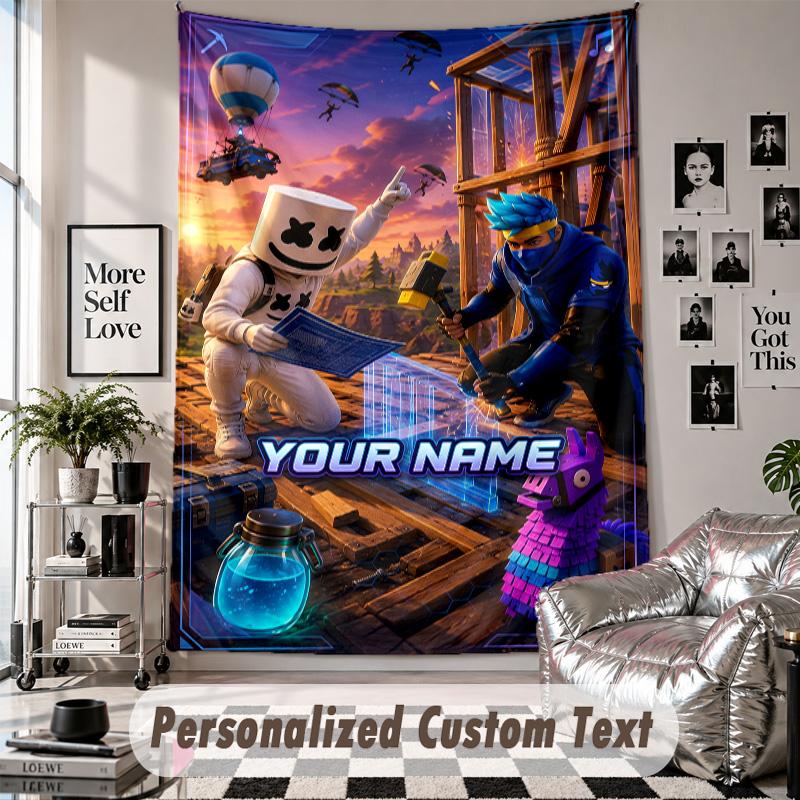 Wall Hanging Tapestry With Custom Name & Text, Fortnite Decorative Tapestry For Bedroom
