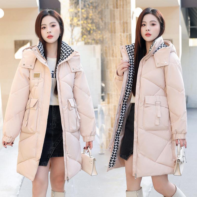 2025 New Cotton Jacket Women's Mid-length Over-the-knee Padded Jacket Loose Thickened and Warm Diamond-shaped Plaid Hooded Autumn and Winter Jacket