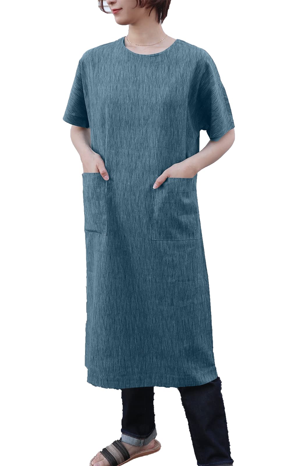 

Takashima Chijimi Cotton Dress Short Made in Green [Little Island] Knee-Length (100% Cotton), Women s Dress, Sleeve, Japan, LL, зелёный