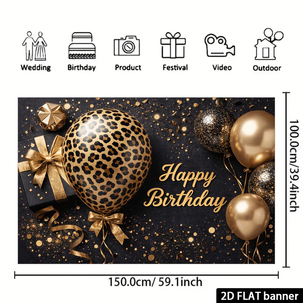 2D Ebene Schwarz Gold Leopard Muster Ballon Geburtstag Hintergrundtuch - Goldener "Happy Birthday" Text