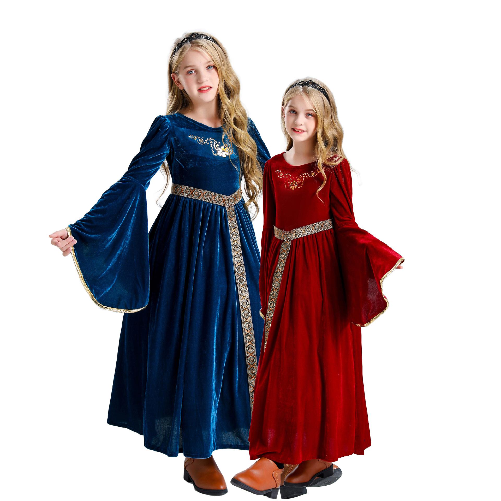 

Halloween children s medieval court princess costumes, girls vintage dresses, girls stage drama costumes 150cm темно-синього кольору