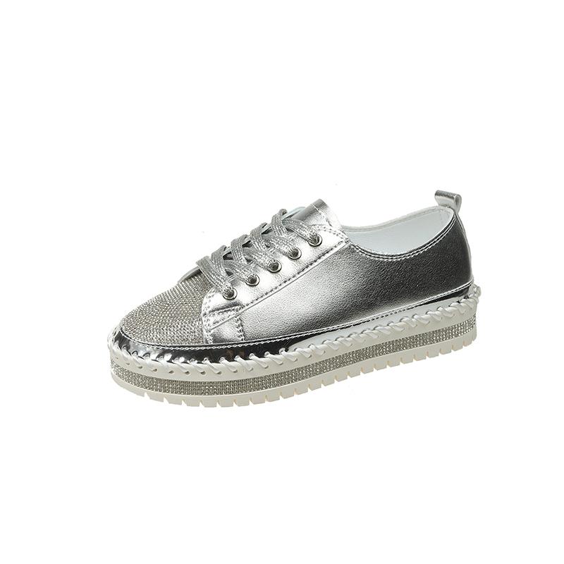 Fashion Aphixta 3cm Heels Crystal Lace Up Leather Flats Shoes Women Gold Bling Loafers Shoes Woman Flat With Casual Footwear Size 45
