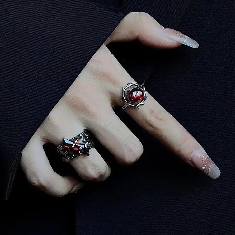 Black Thorn Lava Ring Gothic Style with Crystal Liquid Metal Open Ring Stylish Accessory for Parties or Everyday Wear
