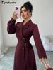 Women's Autumn Winter Suit Collar Long Sleeve Waist Belt Ruched Maxi Dress Formal Work Wear