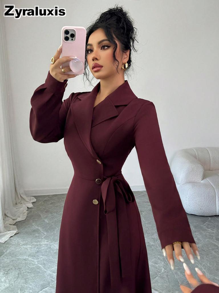 Women's Autumn Winter Suit Collar Long Sleeve Waist Belt Ruched Maxi Dress Formal Work Wear