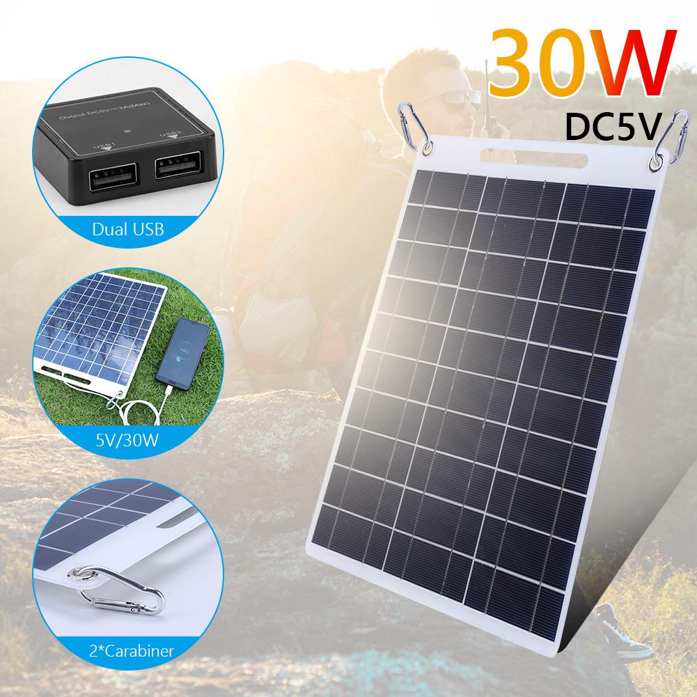 30W 5V Portable Solar Panel Polysilicon Solar Charging Outdoor Waterproof Solar Charger Dual USB Ports for 3.6V-5V Battery/Phone