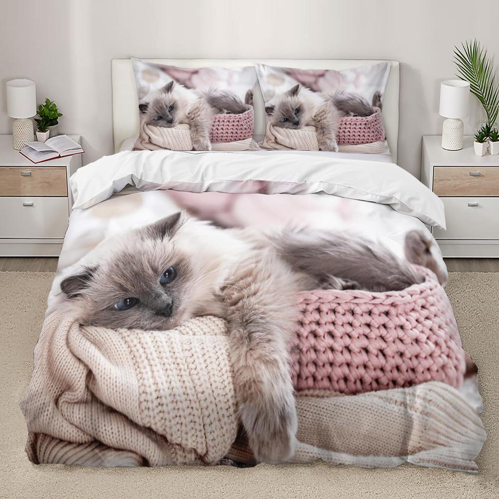 Cute Cat Duvet Cover Bedding Three-Piece Set 3D Animal Digital Printing Quilt Cover