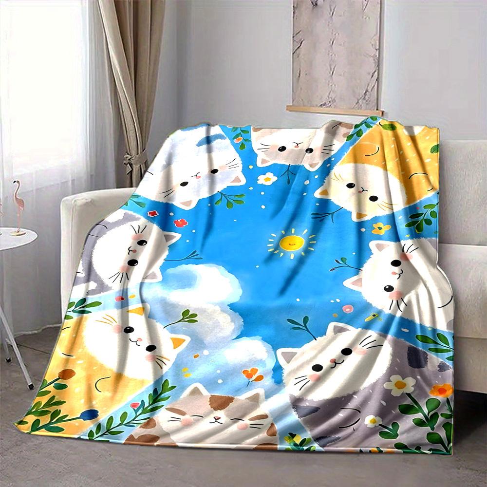 1pc Cats Flowers Lightweight Flannel Blanket, Comfortable and Warm Blanket, for Office and Camping Sofa Bed, Livingroom062