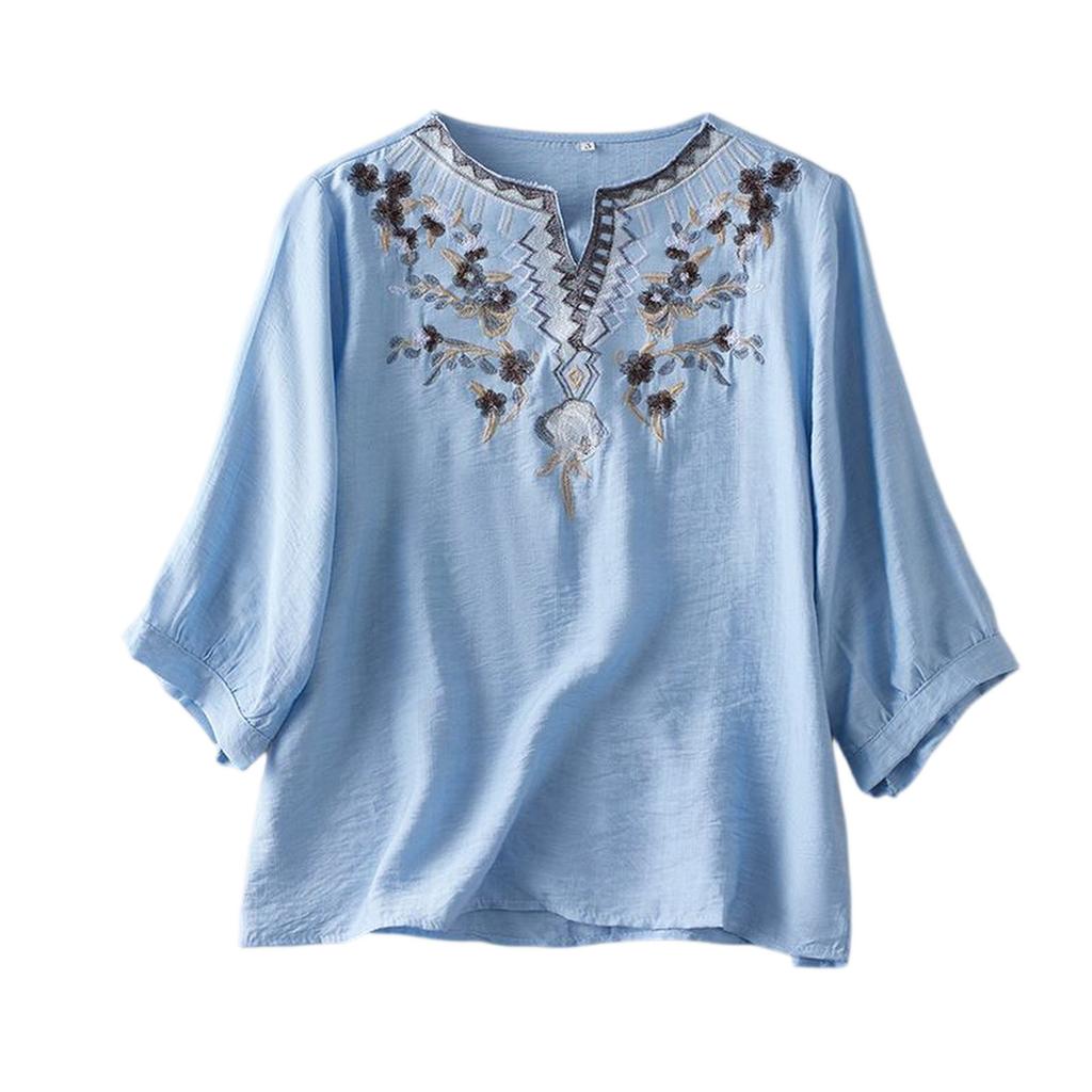 Women's Vintage Inspired Loose Fit Mid-Sleeve Cotton Linen Blend Embroidered Top