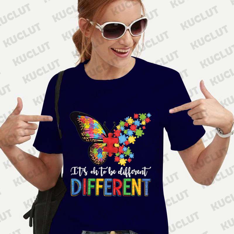 Its Okay To Be Different Autism Butterfly Shirt for Women Butterfly T-shirt Autism Acceptance Tshirt Short Sleeve Graphic Tops